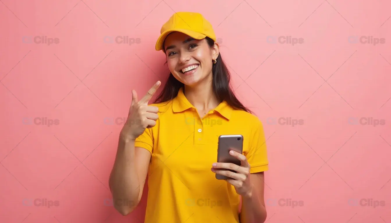Smiling Female Delivery Worker with Smartphone