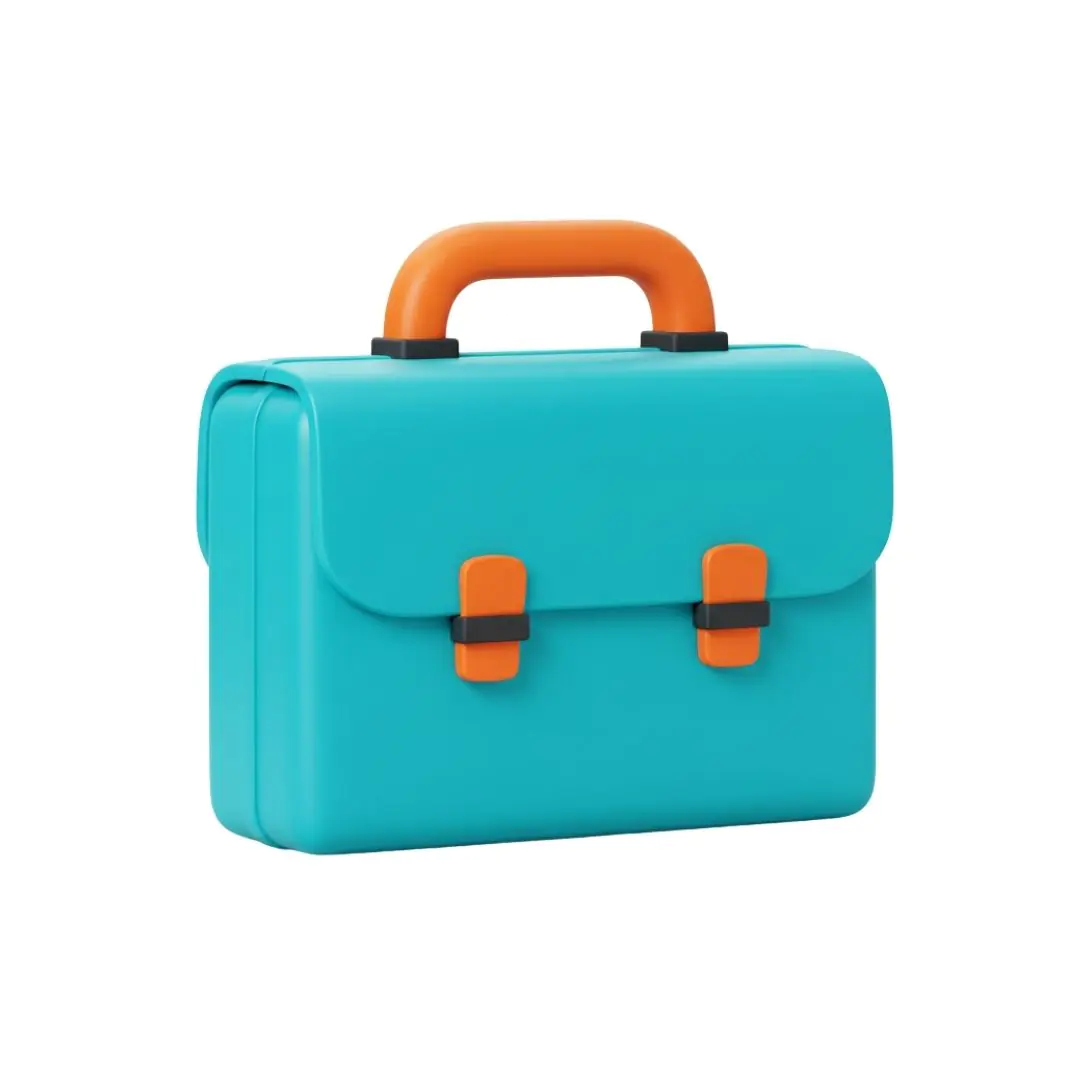 Teal briefcase with orange handle and clasps