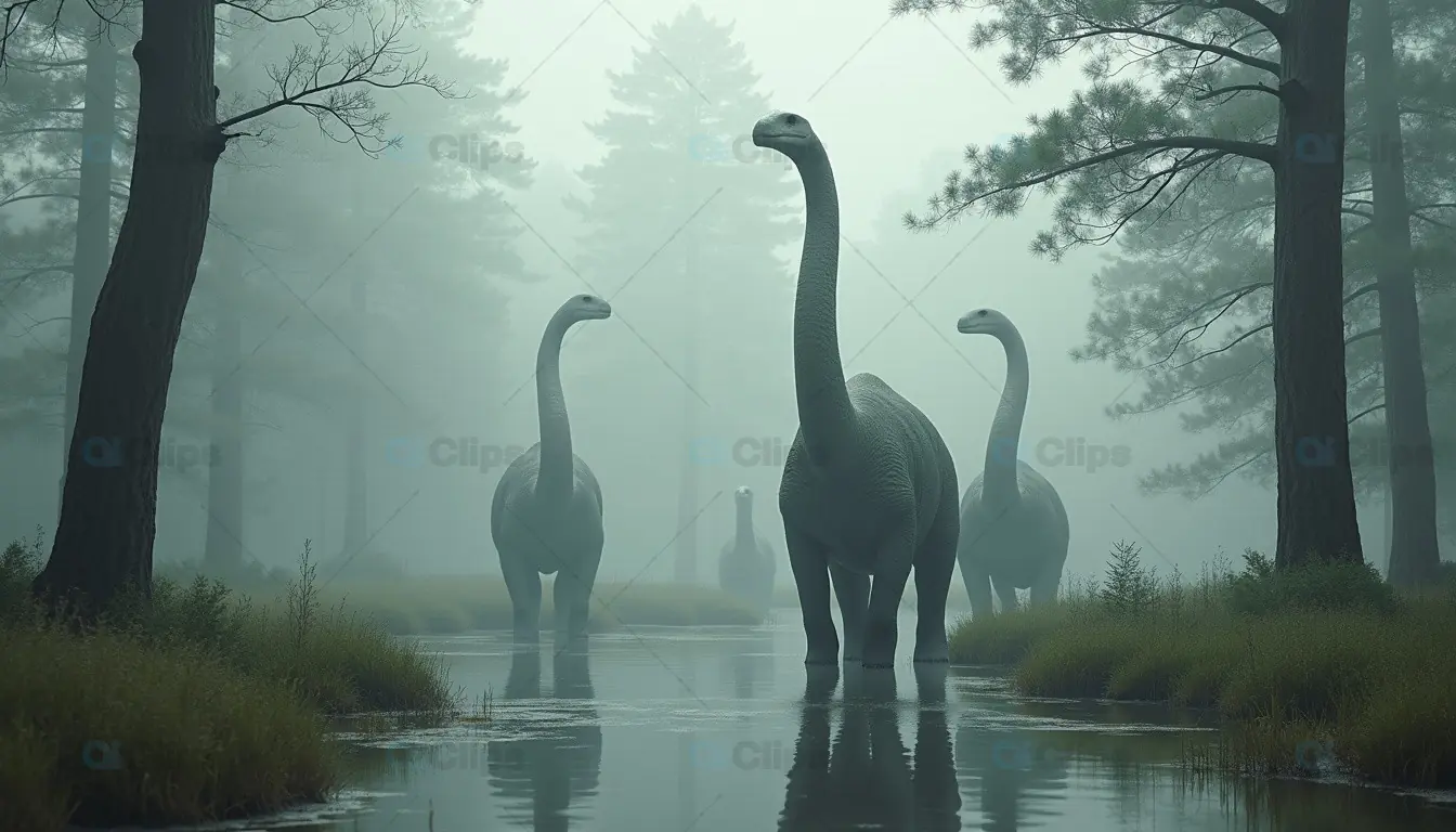 Herd of Dinosaurs Walking Through a Misty Prehistoric Swamp