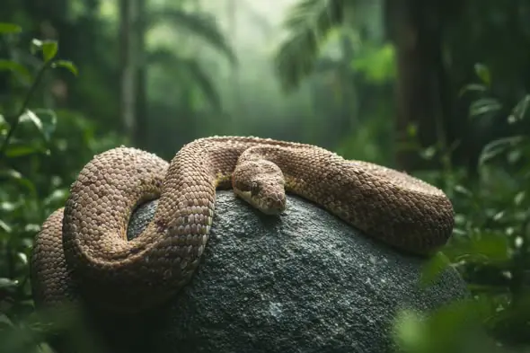 Coiled Snake Resting on Mossy Rock in Dense Indian Jungle