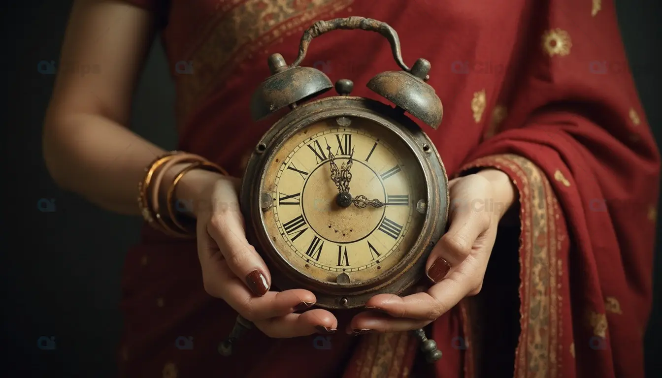 Antique Clock Held by Woman in Traditional Saree
