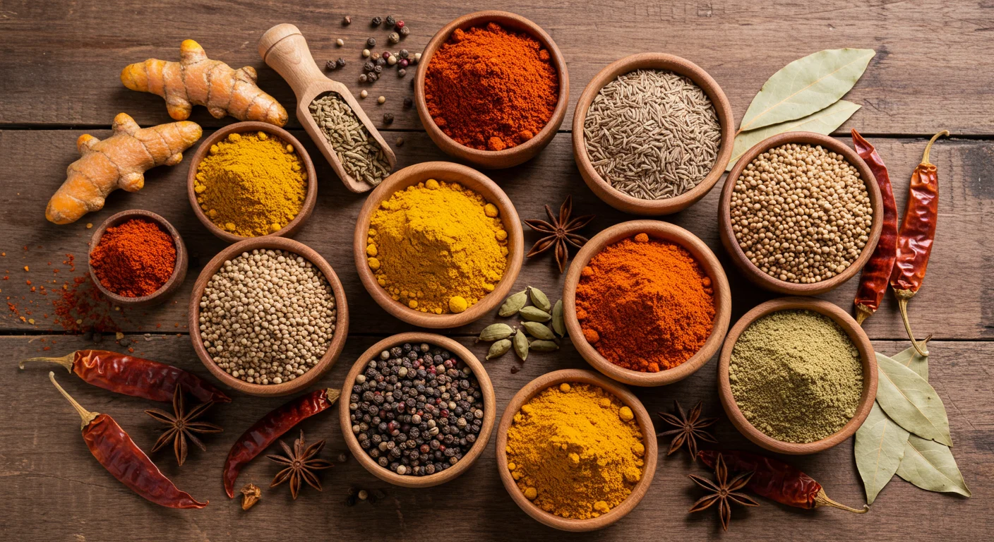 Top View of Indian Masala Spice Bowls with Herbs & Whole Ingredients | Culinary Flatlay | AIClips