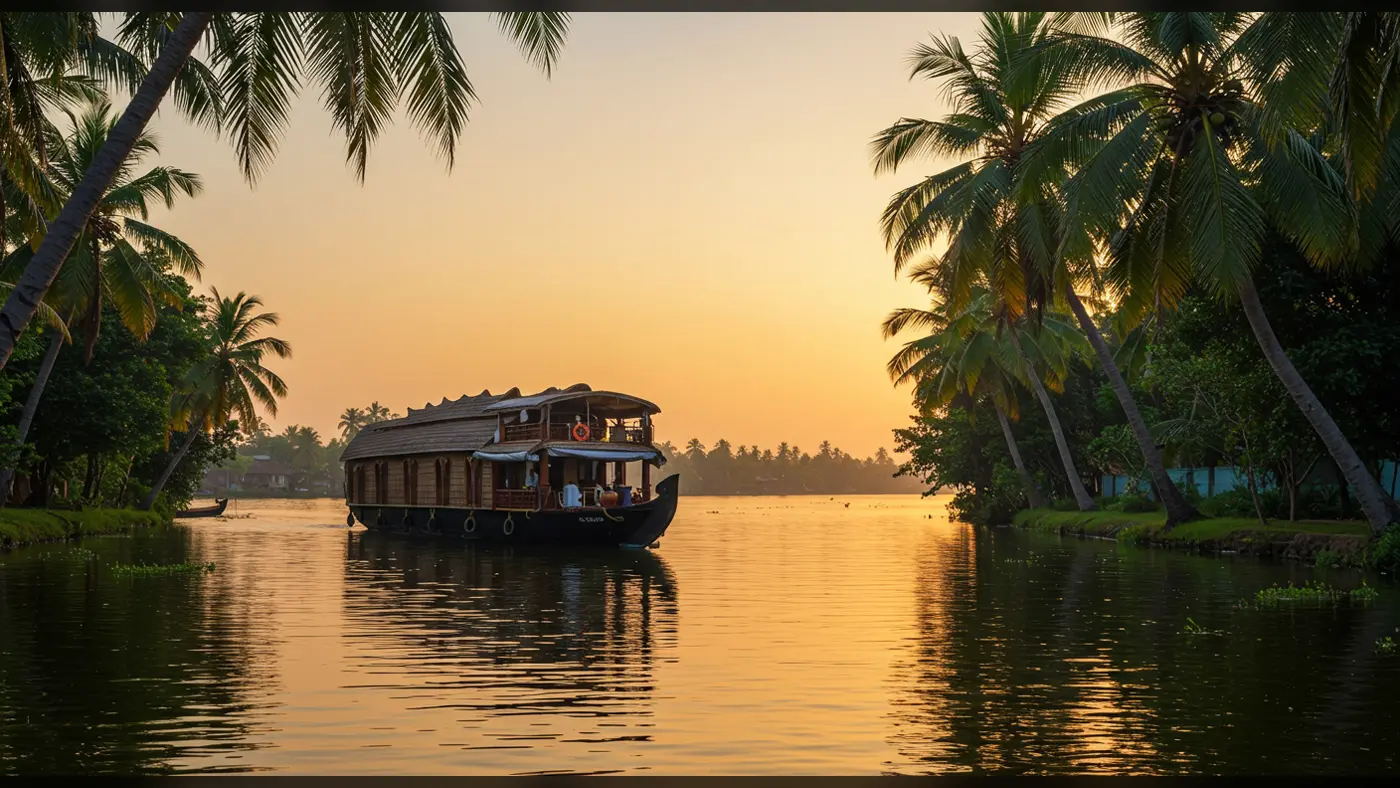 Peaceful Kerala Houseboat Cruise Through Backwaters at Sunset