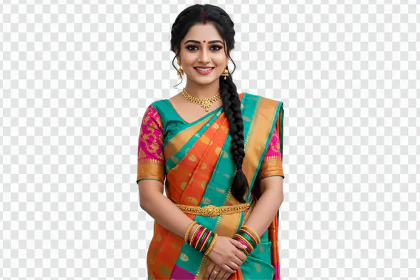 Smiling Woman in Vibrant Silk Saree PNG Clipart