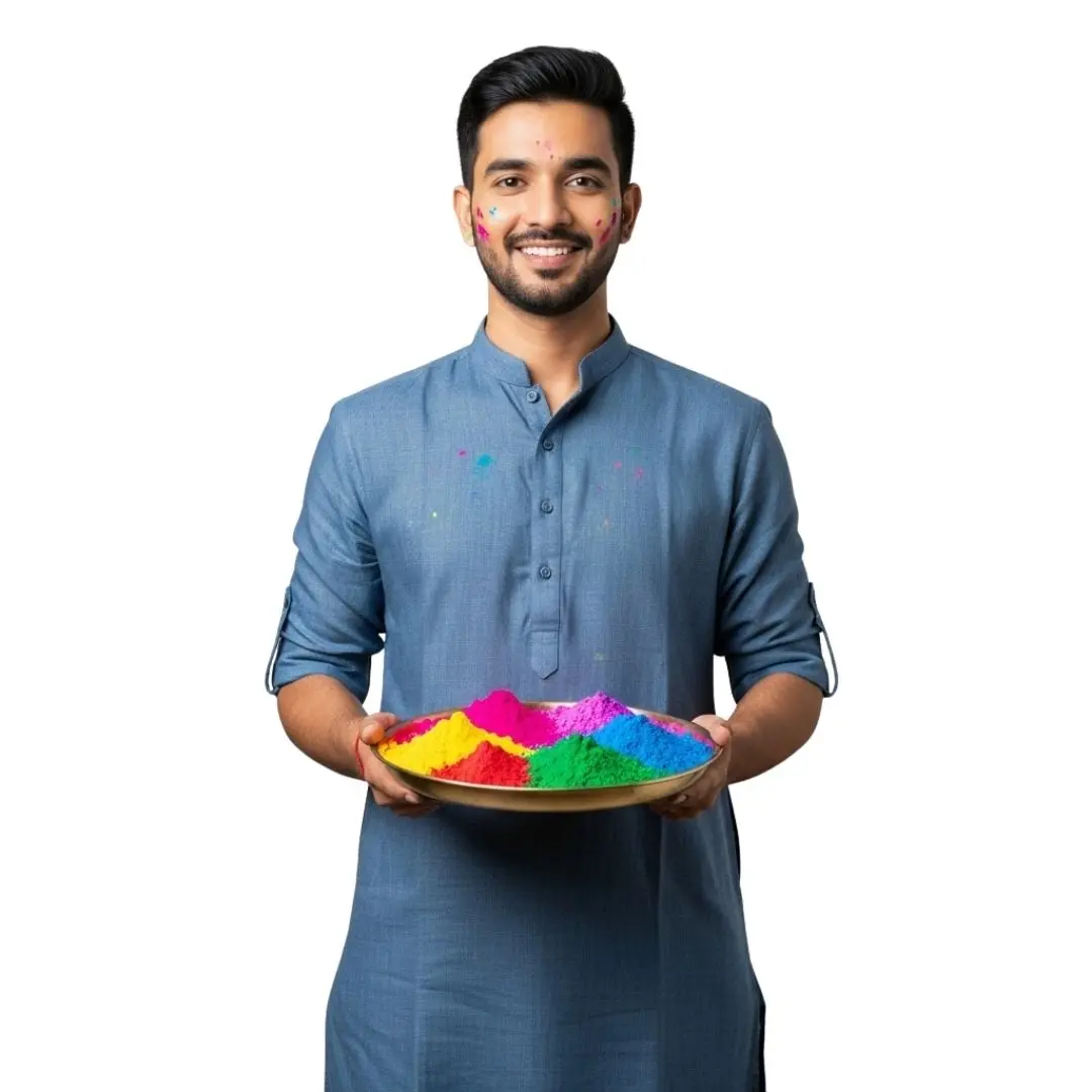 Cheerful Man with Holi Festival Gulal Plate PNG