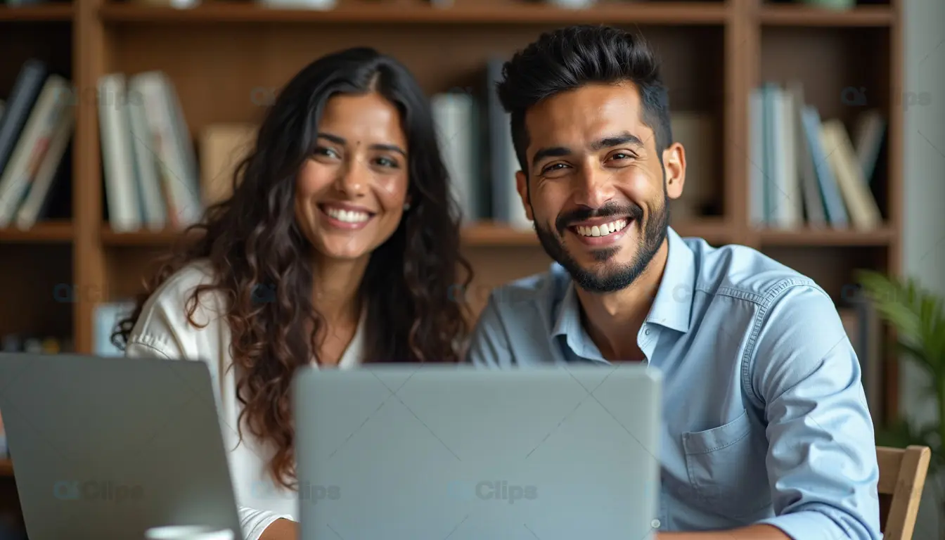 Smiling Professional Couple Working on Laptops