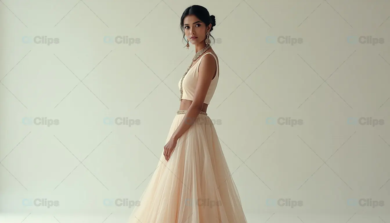 Elegant Indian Woman in Traditional Beige Lehenga – Fashion Portrait