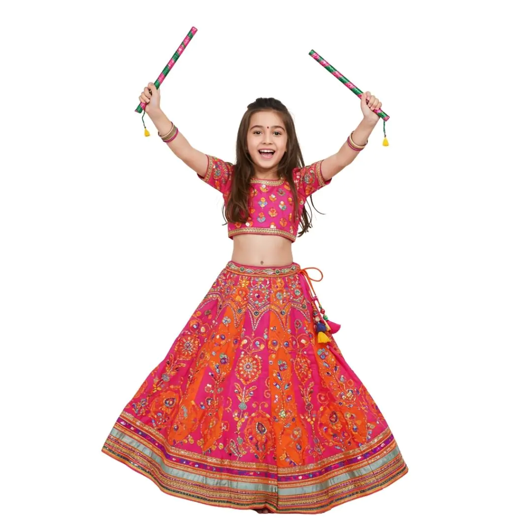 Joyful Girl in Vibrant Lehenga with Dandiya Sticks PNG
