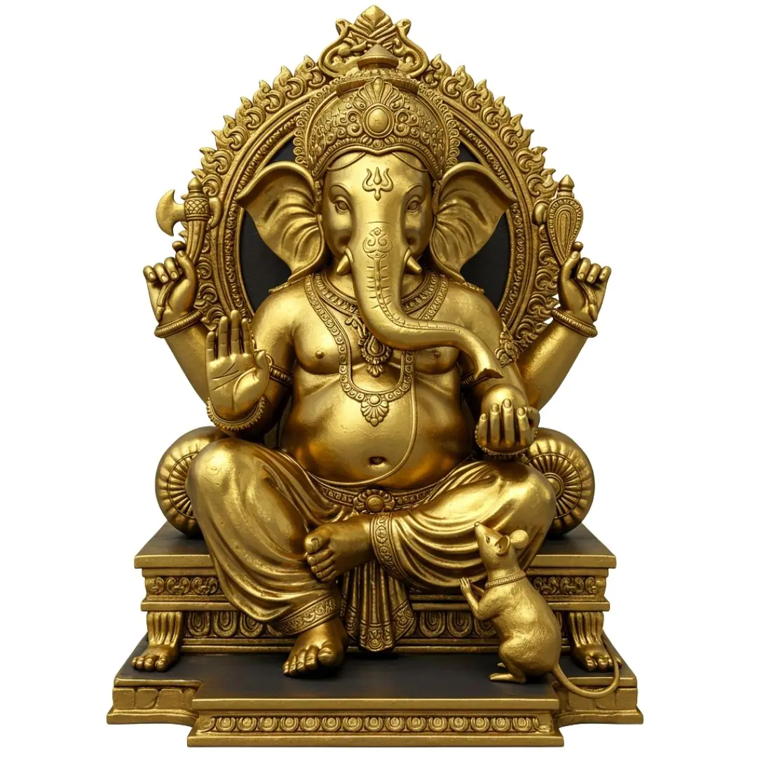 Golden Lord Ganesha Statue on Throne PNG