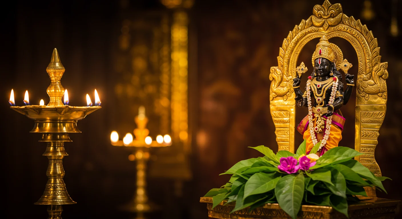 Black Lakshmi Devi Idol with Deepam and Betel Leaves | AIClips South Indian Puja Visual