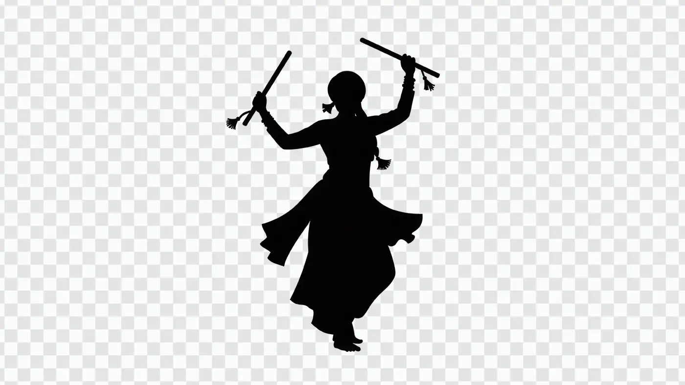 Silhouette of Woman Dancing with Dandiya Sticks PNG
