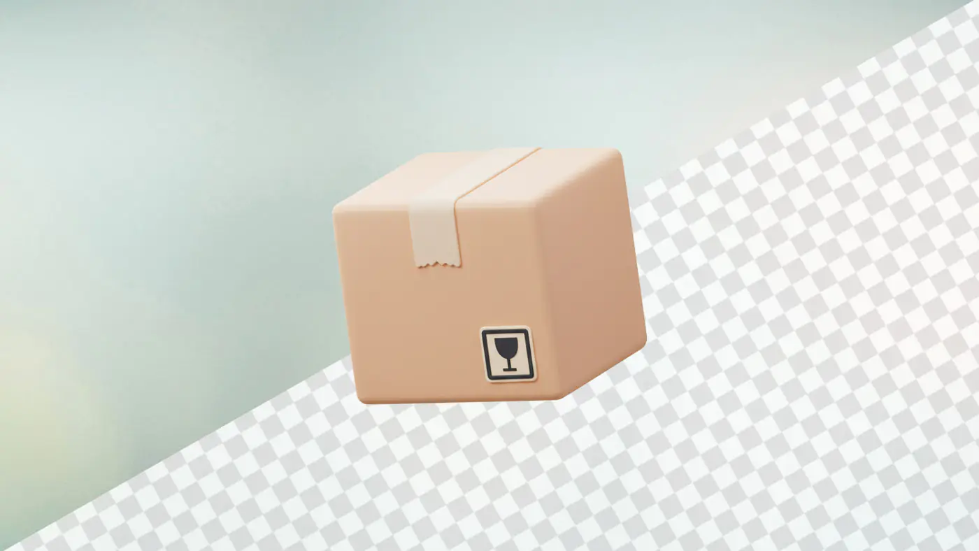 Beige cardboard box with fragile icon on checkered background