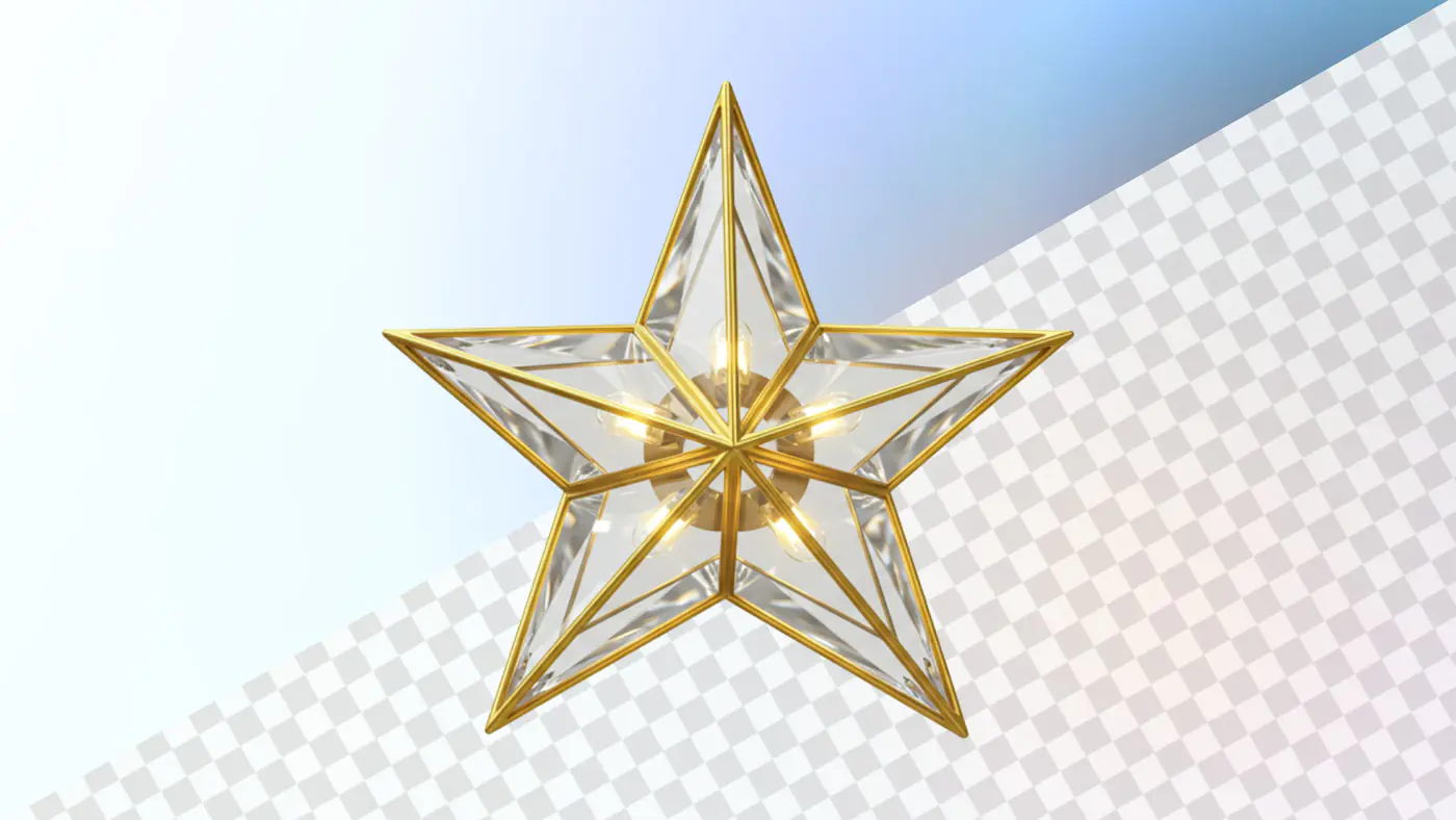 Golden star shaped lamp with glass panels