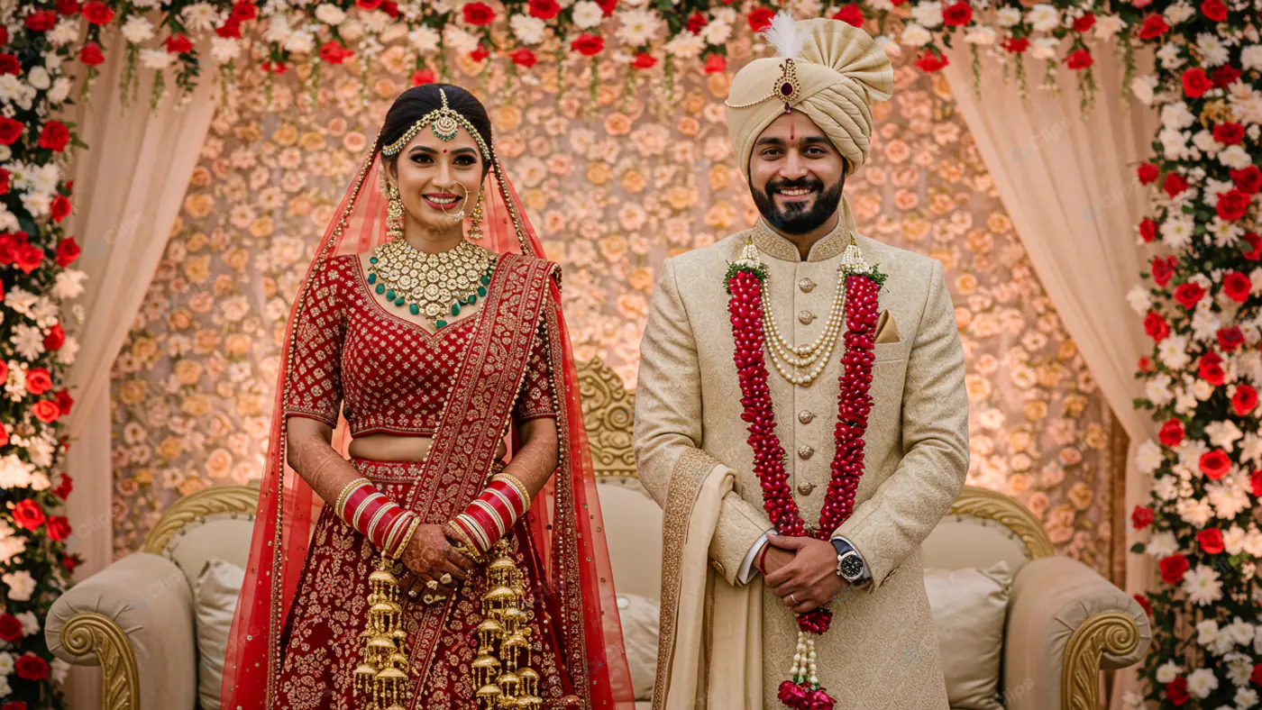 Radiant Newlyweds in Traditional Indian Attire