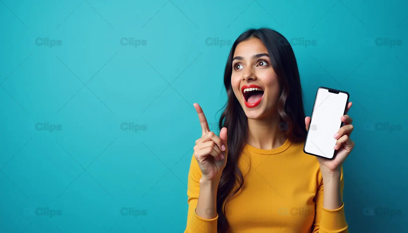 Excited Woman Holding Smartphone with Blank Screen