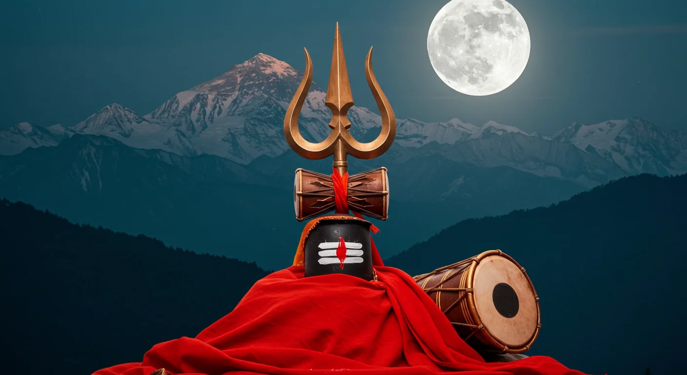 Shiva Trishul with Damru, Lingam & Drum under Full Moon | AIClips Devotional Himalaya Scene