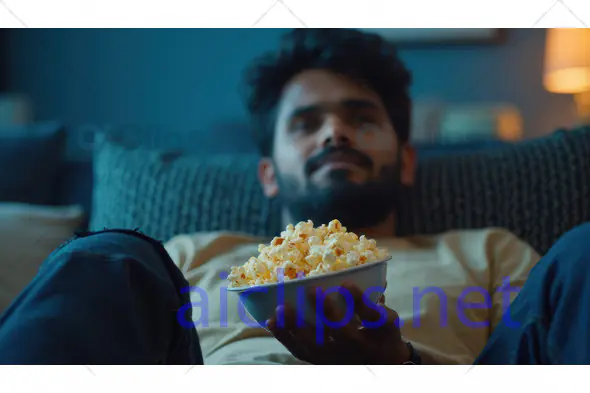Man Relaxing with Popcorn at Home