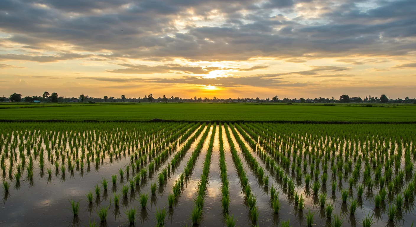 Flooded Paddy Field Sunset Landscape | Rural Indian Agriculture | AIClips Background
