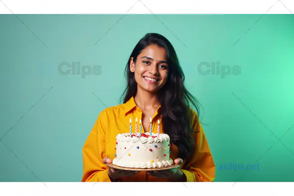 Smiling Woman Holding Birthday Cake with Candles