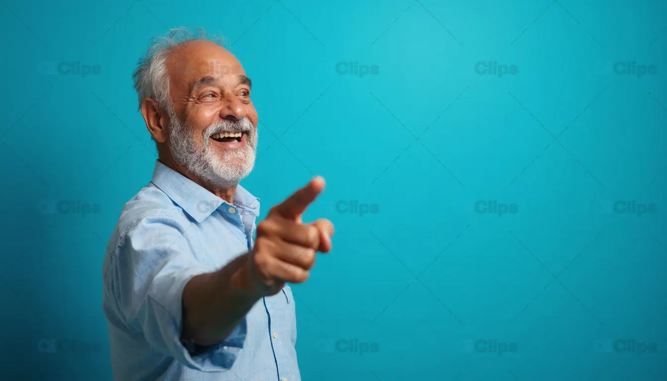 Smiling Elderly Man Pointing Forward on Blue Background