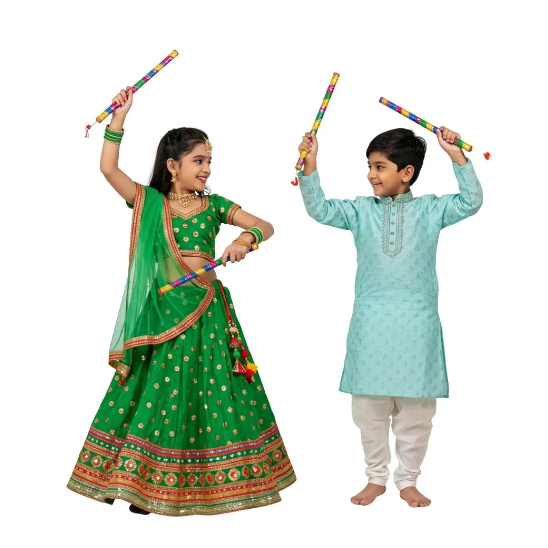 Cheerful Children Dancing with Colorful Dandiya Sticks PNG