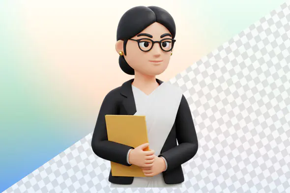 Professional woman 3D avatar black blazer folder glasses