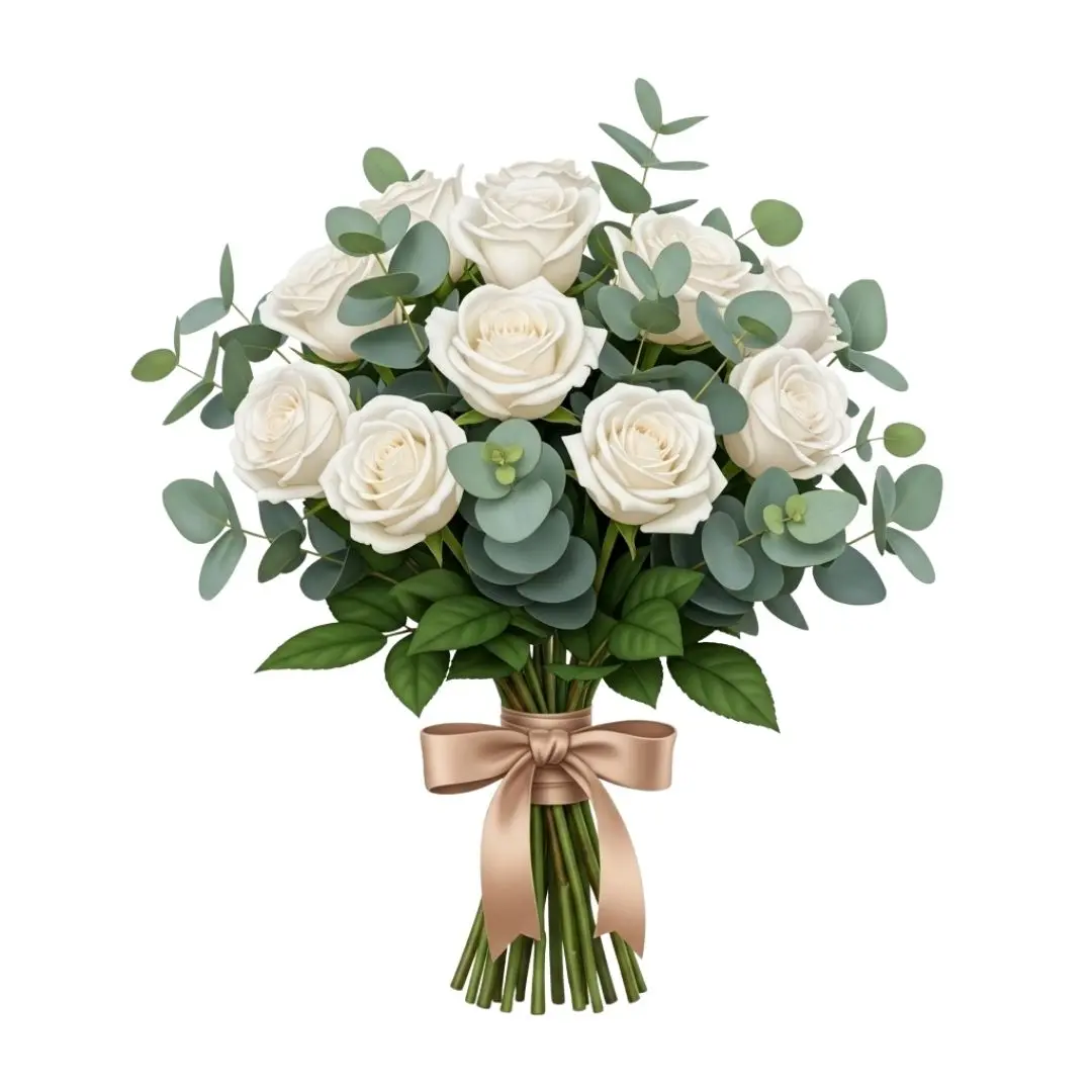 Elegant White Rose Eucalyptus Bouquet with Ribbon Clipart PNG