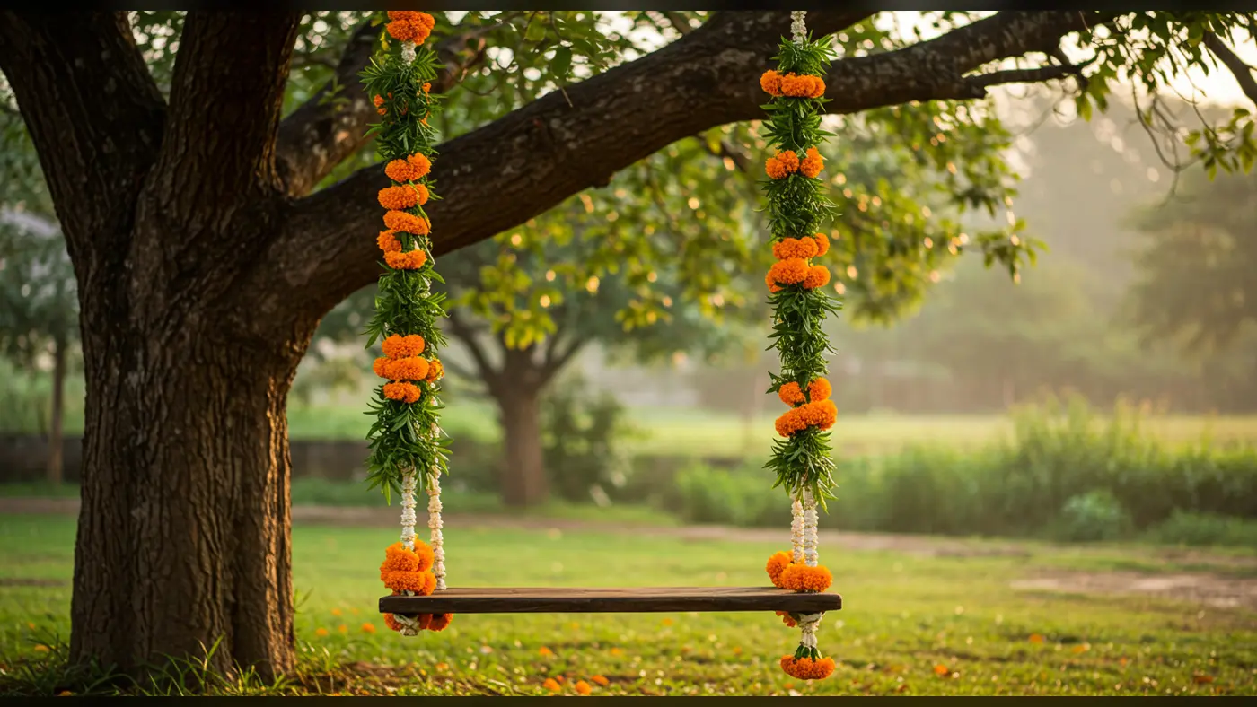 Traditional Floral Swing Under Tree for Janmashtami Celebrations | AIClips Rural Festive Scene