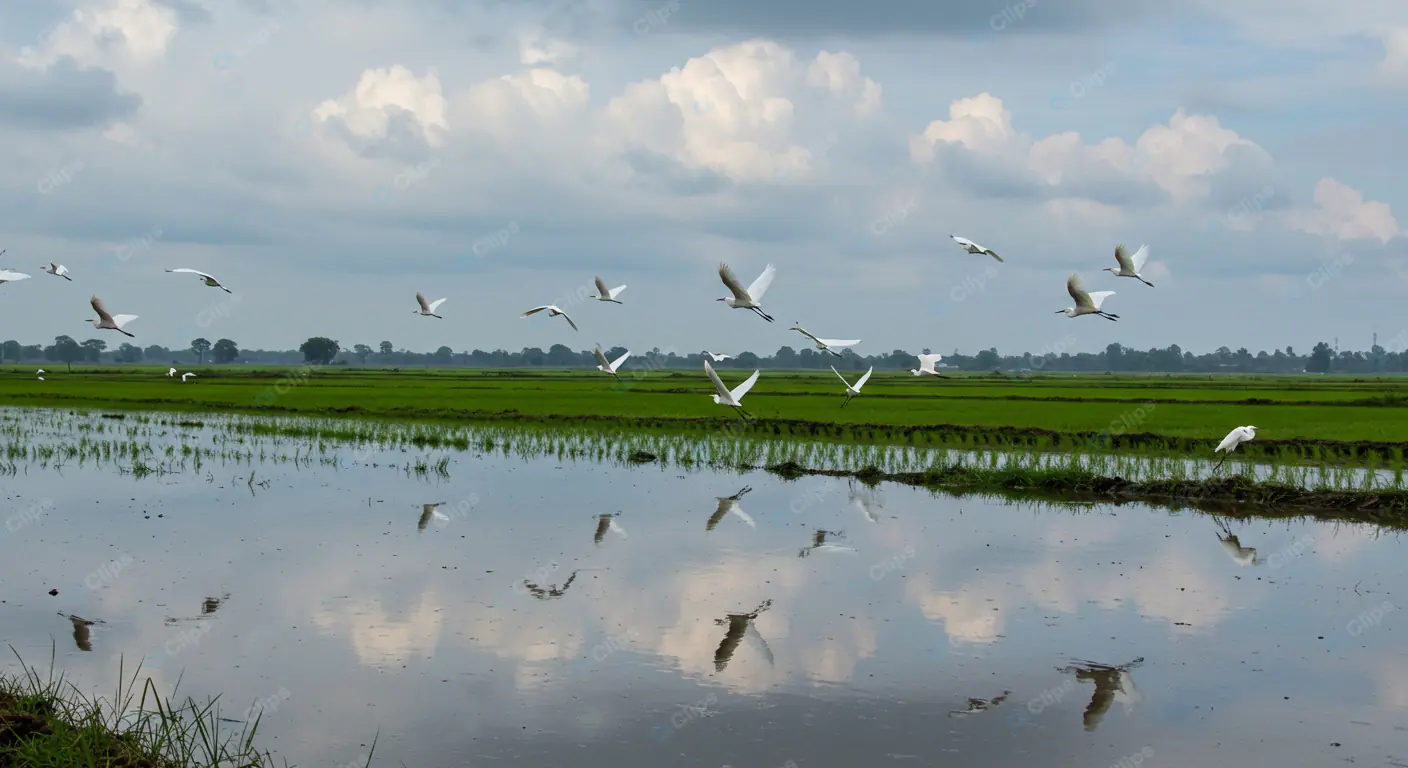 Egrets in Flight Over Rice Paddy