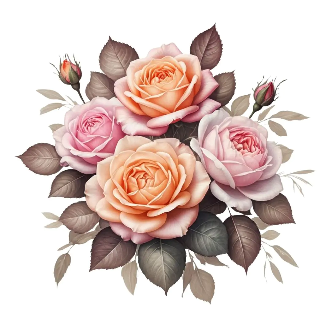 Elegant Peach and Pink Roses Bouquet PNG