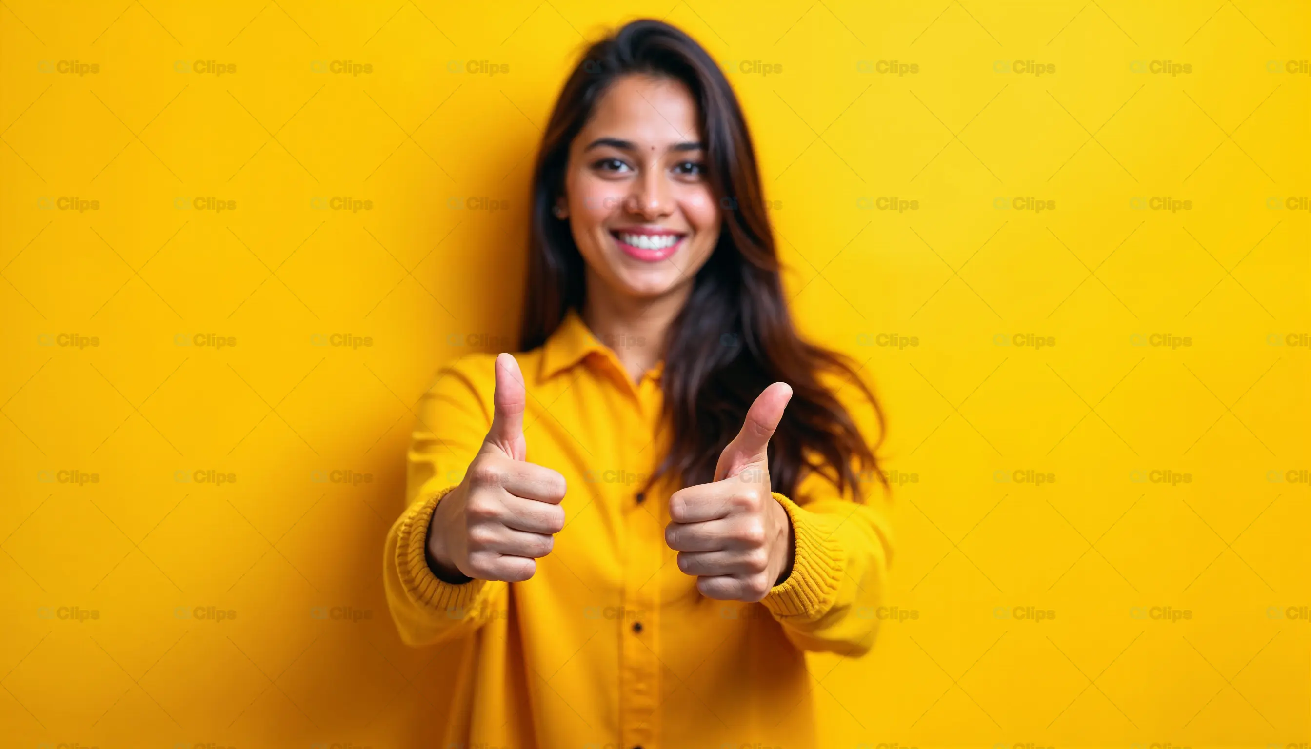 Woman Smiling with Thumbs Up on Yellow Background