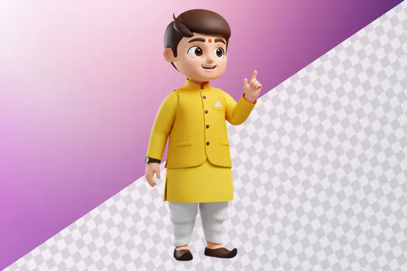 Cheerful Indian boy 3D avatar yellow kurta pointing