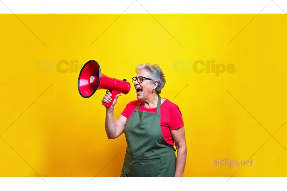 Senior Woman with Megaphone on Yellow Background
