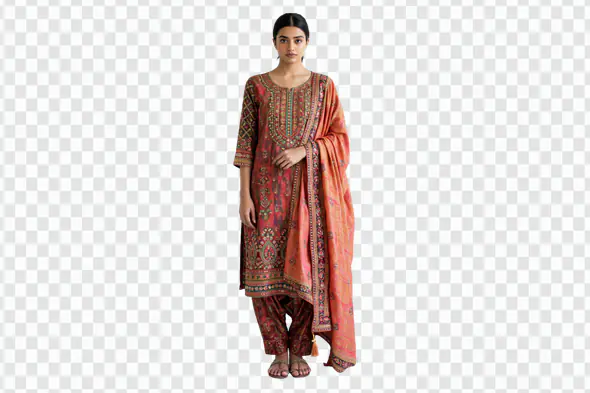 Elegant Woman in Embroidered Salwar Kameez PNG Clipart