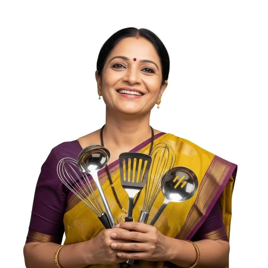 Smiling Indian Woman Holding Kitchen Utensils Clipart PNG