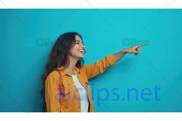 Smiling Woman Pointing Forward on Blue Background