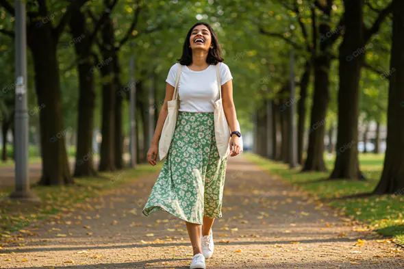 Joyful Stroll Through Tree-Lined Avenue