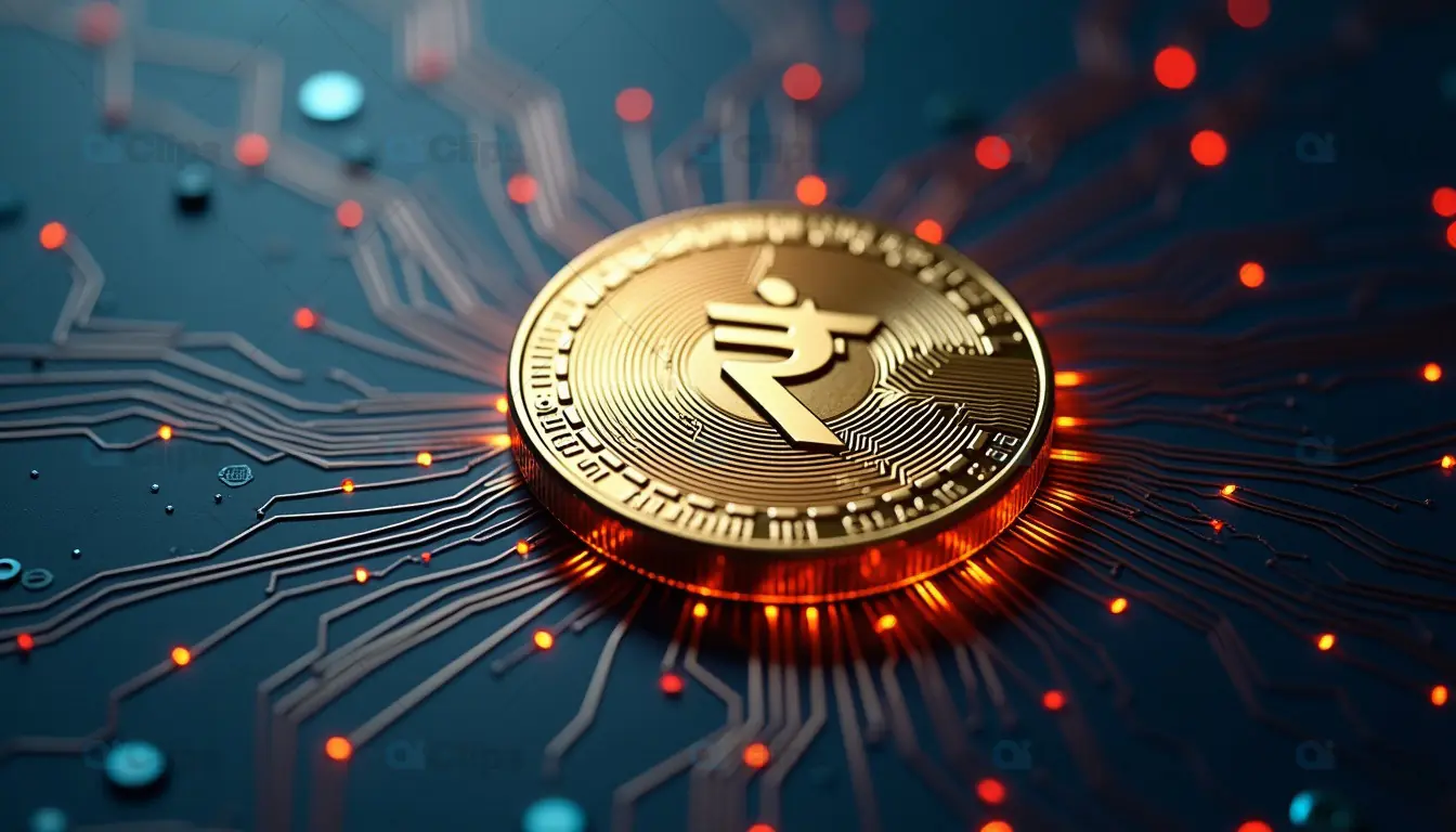 Indian Rupee Digital Coin on Circuit Board
