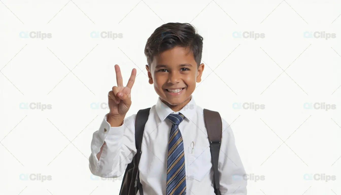 School Boy with Peace Sign Gesture