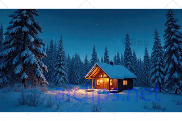 Cozy Winter Cabin in Snowy Pine Forest at Night