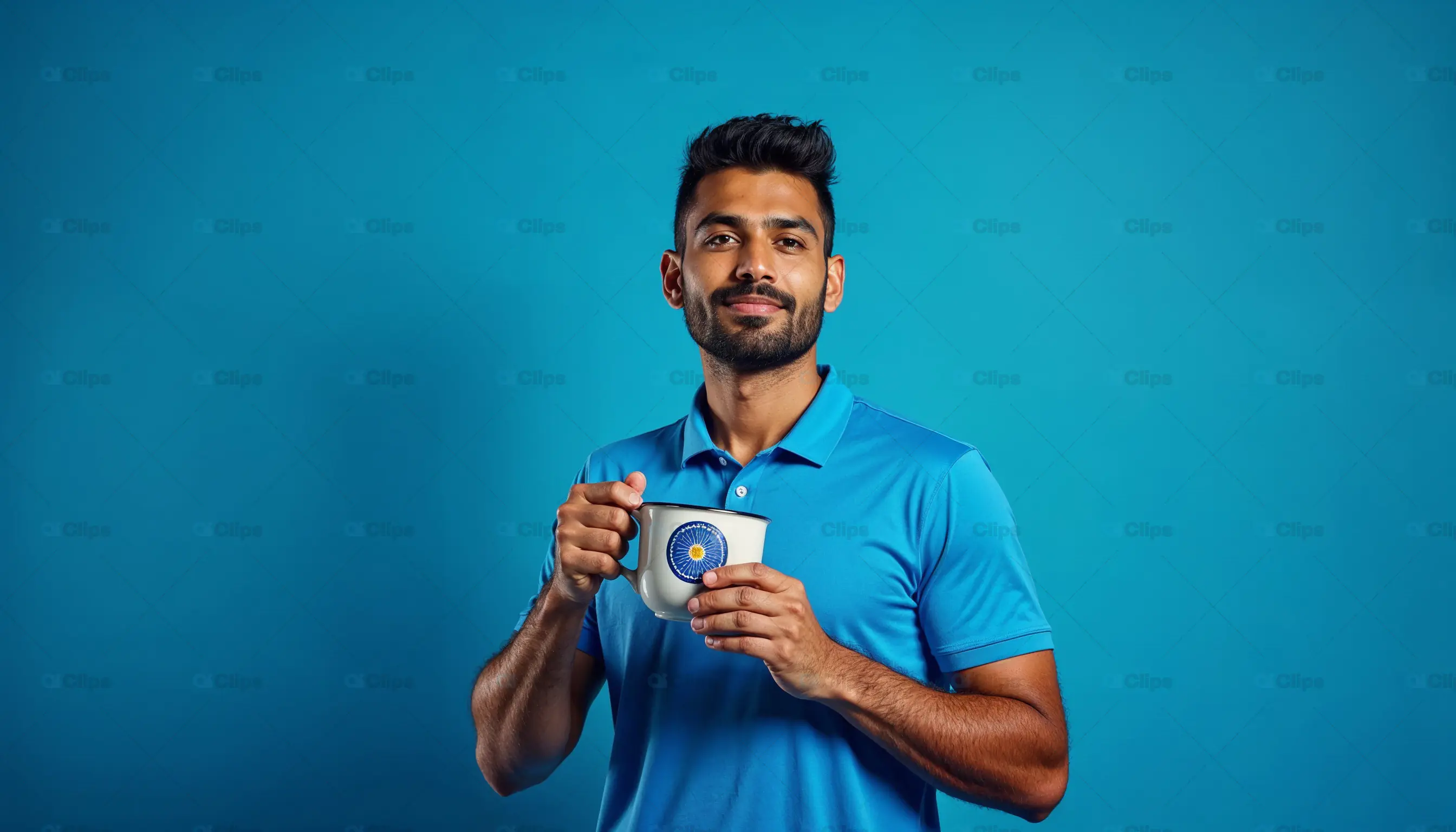 Man Holding Ceramic Mug in Blue Shirt