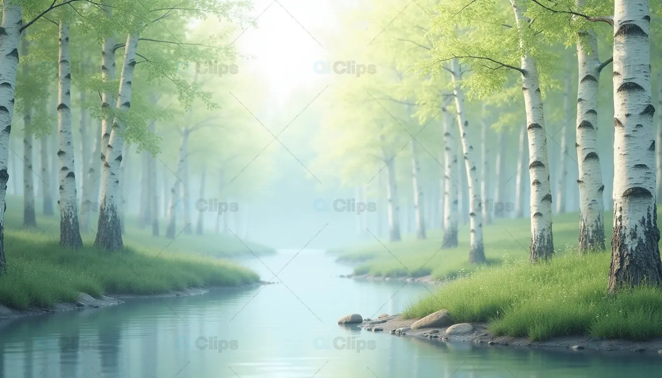 Misty Forest Stream with Birch Trees