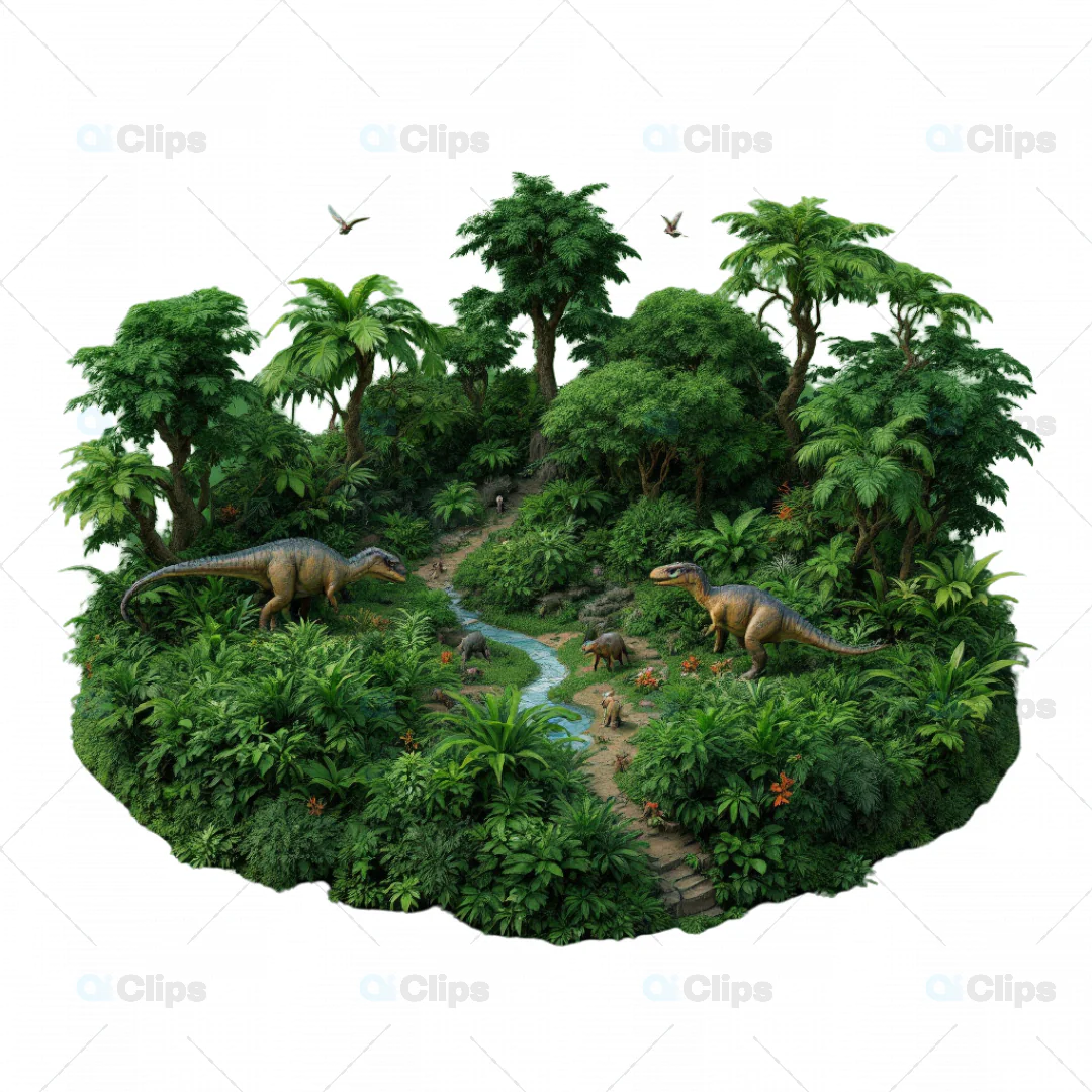 Dense Prehistoric Jungle Scene with Dinosaurs