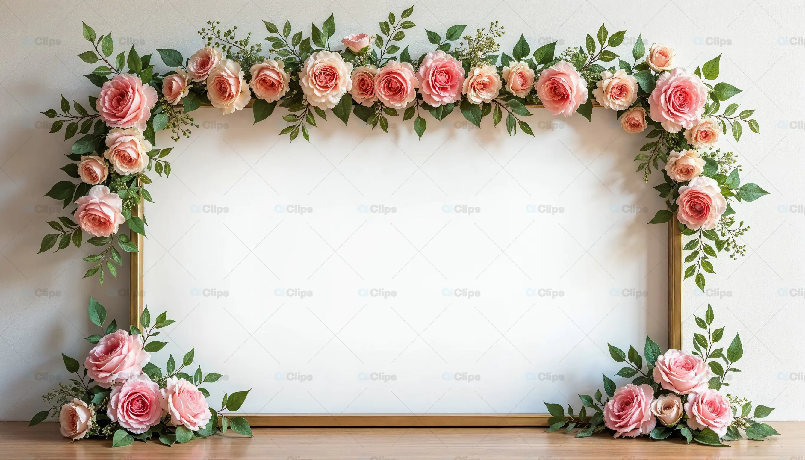 Floral Frame with Pink Roses and Green Leaves