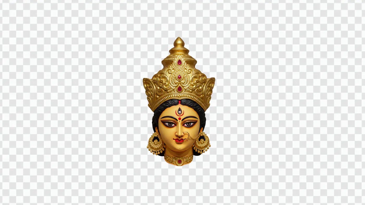 Ornate Goddess Durga Head with Golden Crown PNG