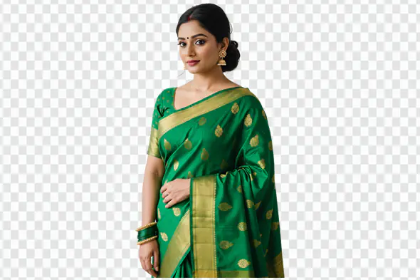 Elegant Green Silk Saree with Gold Motifs PNG