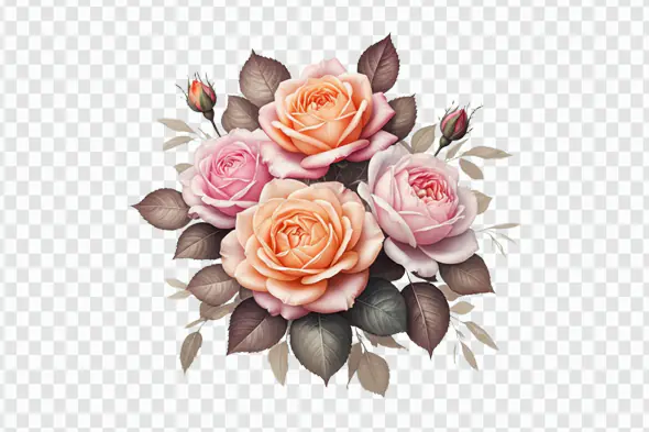 Elegant Peach and Pink Roses Bouquet PNG