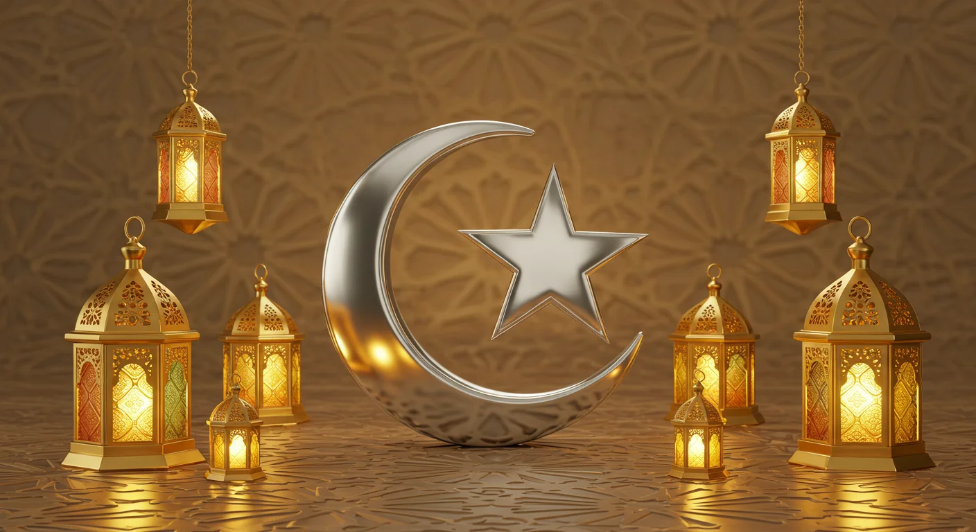 Silver Crescent and Star with Glowing Golden Lanterns | AIClips Islamic Festival Decoration