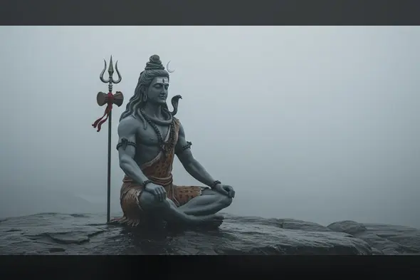 Lord Shiva Meditating on a Misty Mountain Cliff