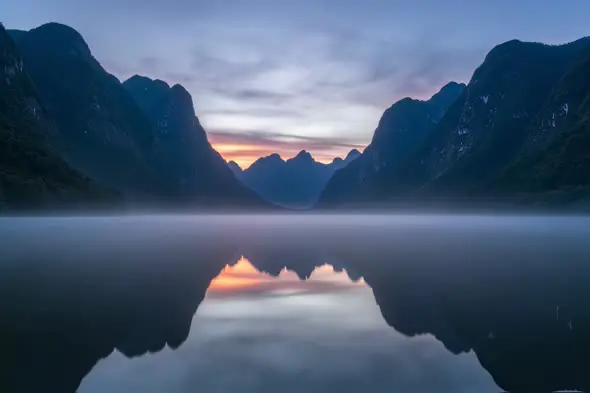 Misty Mountain Lake Sunrise Reflection Cinematic Landscape